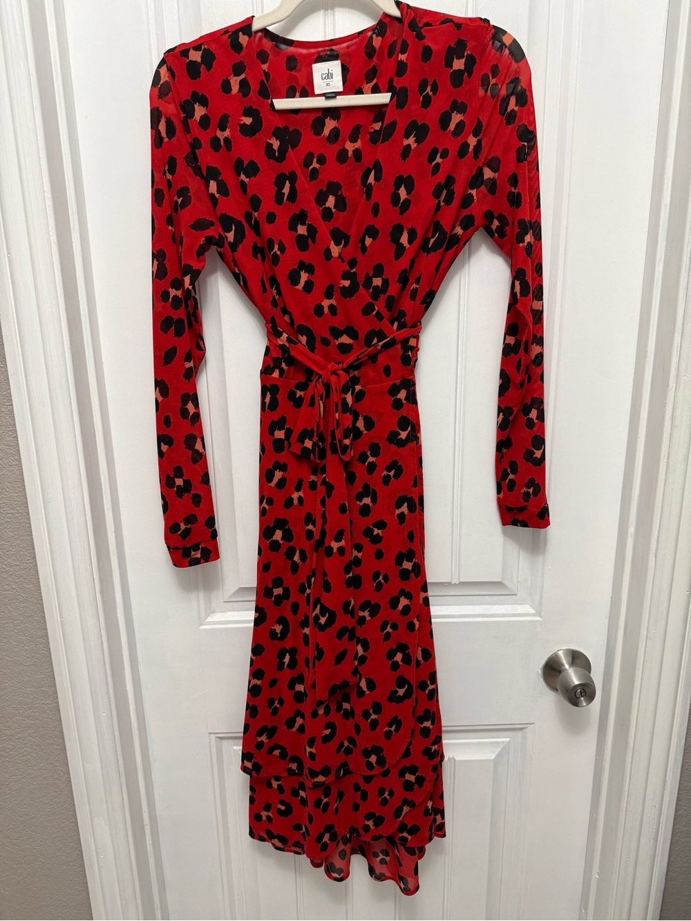 CAbi Womens Siren Wrap Dress Sz XSmall Red Animal Print Midi Stretch Mesh (13-5)